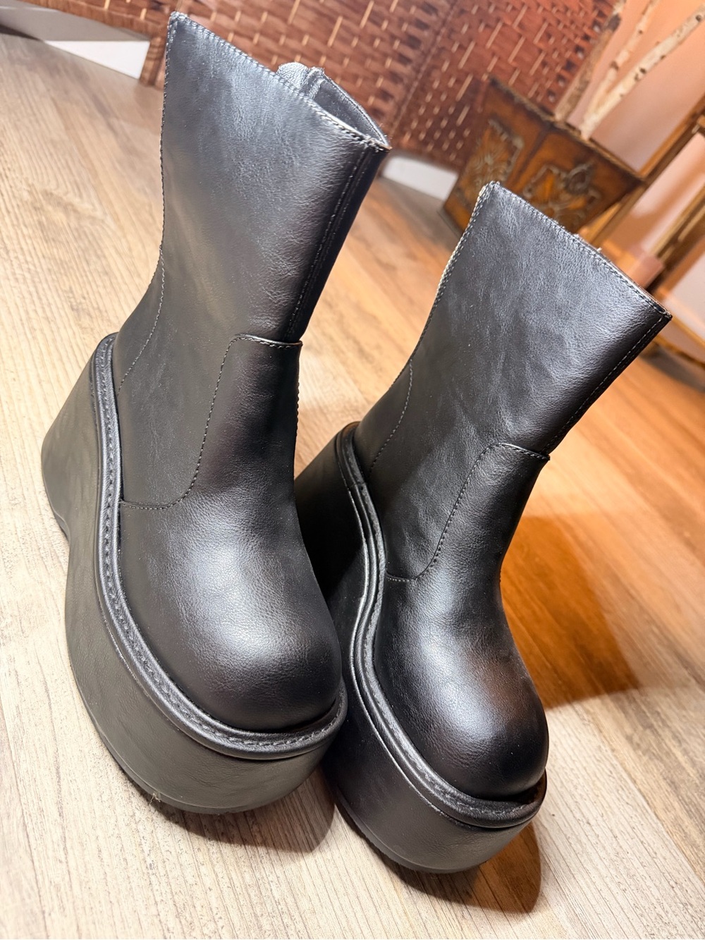 Dolls Kill x Current Mood Truant Status faux leather platform booties